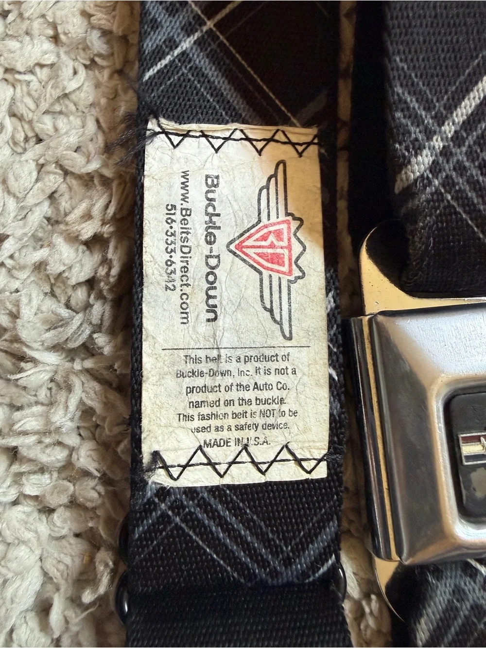 Buckle-Down Black and Gray Plaid Seatbelt-Style Belt with Metal Buckle